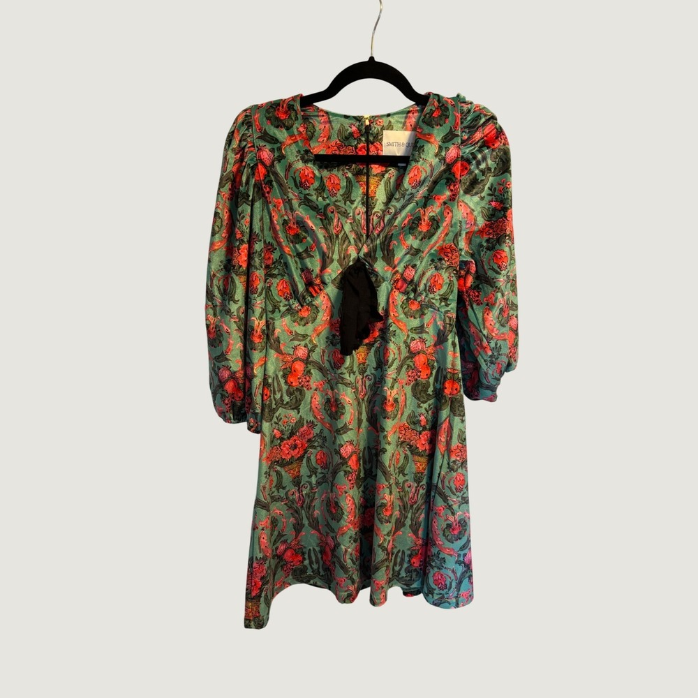 Smith & Quinn Teal Red Floral Damask Puff Sleeve Tie Front Mini Dress Womens S